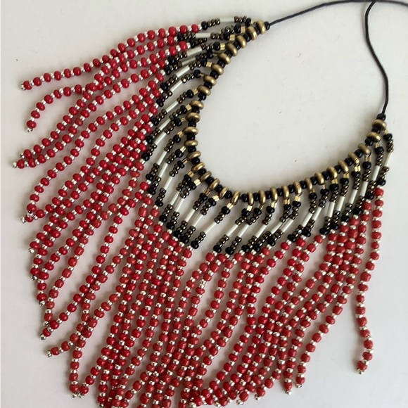 Red and gold fringed western tribal boho festival waterfall handmade necklace - Picture 4 of 4